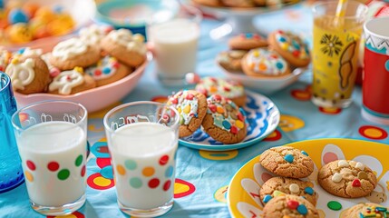 Fototapeta premium Capture a childhood snack setup with colorful cookies, milk glasses, and nostalgic toys, styled on a cheerful table. 
