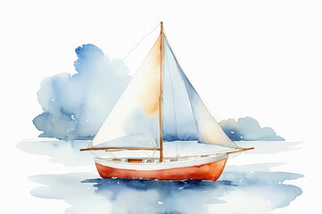 Fototapeta premium Watercolor drawing of a sailboat on the waves on a white background