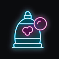 Glowing neon line icon of a reusable menstrual cup with a blood drop showing it being inserted correctly