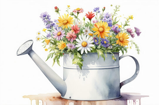 Watercolor illustration with a white iron watering can with wildflowers in it, drawing for a postcard.