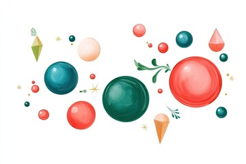 Colorful abstract design featuring various shapes and spheres with a whimsical touch