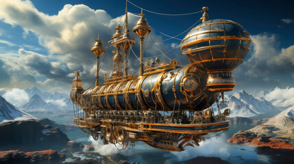 Majestic flying ship gliding through fluffy clouds under a bright blue sky, showcasing intricate design and grandeur