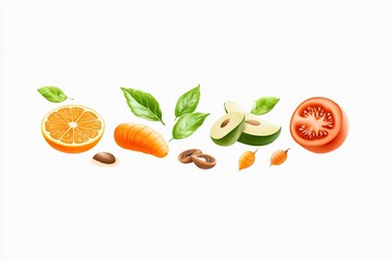 Colorful assortment of fresh fruits and vegetables with leaves on a clean white background