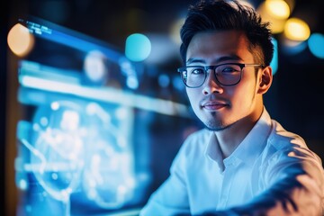 Fototapeta premium Young Professional Man in Glasses Posing Confidently in a Modern Office with Futuristic Technology Display in Background at Nighttime Setting