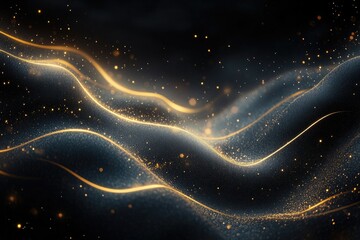 Abstract luxury graphic with swirling golden lines on a deep black background, accented with glowing particles and soft gradients, copy space background