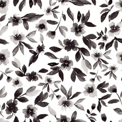 Beautiful seamless pattern with black flowers on a transparent background, created from a watercolor painting