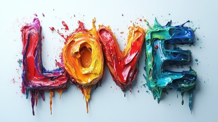 Colorful paint forming the word love dripping on light blue background