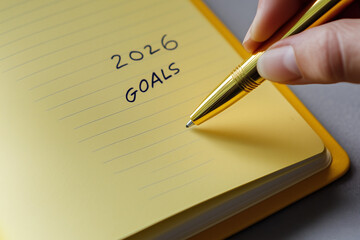 Una libreta con el texto "Objetivos 2026" y un bol&iacute;grafo dorado