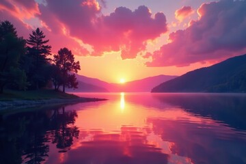 Radiant colors bleed into the soft pinks and oranges of a serene sunset, lake, serene