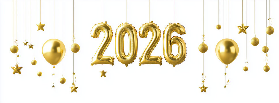 globo de letras doradas de a&ntilde;o nuevo 2026 de celebraci&oacute;n. Calendario