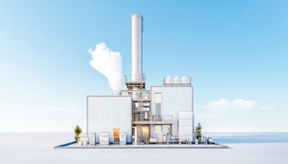 Obraz premium Modern industrial facility with smokestack and clear blue sky, showcasing clean energy production