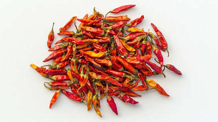 Fototapeta premium Vibrant bunch of red and orange dried chili peppers on a white background