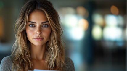 Portrait of a young woman with long hair holding papers, soft focus background, indoor setting