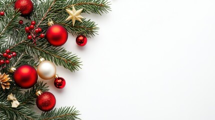 Festive christmas decorations with red baubles and evergreen branches on white background