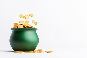 A green pot overflowing with golden coins, symbolizing wealth and prosperity against a plain backdrop