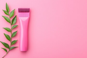 Pink beauty tool and green leaf on a soft pink background, perfect for skincare product promotion