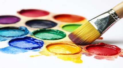 Obraz premium Vibrant Watercolor Paint Palette with Brush Artistic Painting Supplies Creative Art