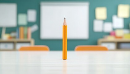 Bright orange pencil standing upright on a classroom table with blurred background elements