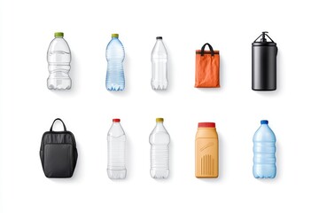 Various types of bottles and containers arranged in a clean layout for product display