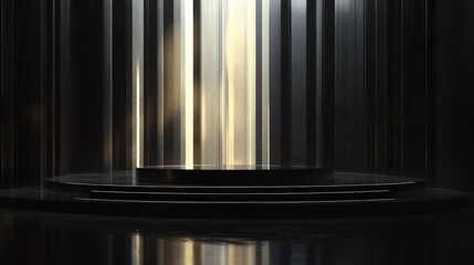 Futuristic dark podium with glowing lights and reflections on a sleek, high-tech background, showcasing a modern, technology-inspired design


