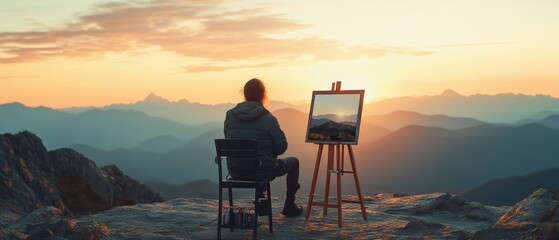 Naklejka premium An artist paints the horizon atop a mountaintop at sunset, surrounded by expansive views of layered mountains bathed in warm hues.