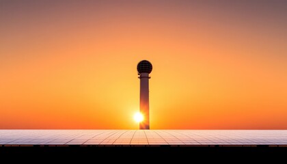 Tower silhouette against a vibrant sunset with reflections on a tiled surface, evoking tranquility