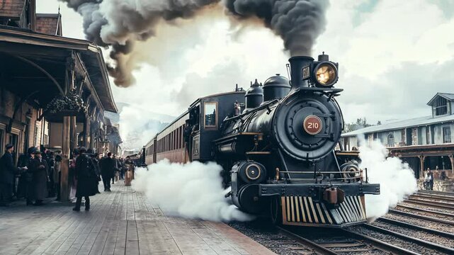 Vintage steam train arriving at an old railway station