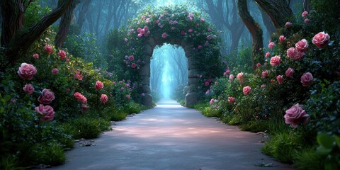Fototapeta premium Valentine theme concept. A serene path through a lush, flower-filled archway, illuminated by soft light, creating a tranquil, enchanting atmosphere.