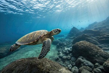 Fototapeta premium Ancient sea turtle species megalochelys in a rocky sea, ocean history, megalochelys, fossil record