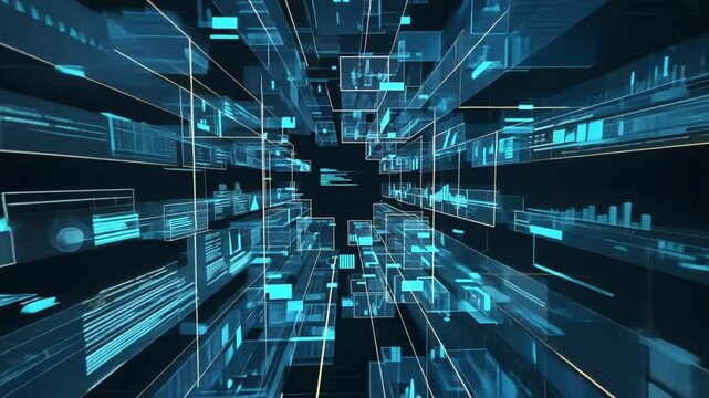 A zooming perspective through rows of squares with graphs, financial charts, and sensitive documents, all being overlaid with glitch effects - Powered by Adobe