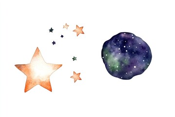 Watercolor illustration of stars and a celestial body, ideal for children's decor or educational use
