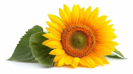 Obraz premium Vibrant Single Sunflower Blossom with Lush Green Leaves Isolated on White Background