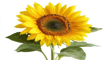 Obraz premium Vibrant Yellow Sunflower Bloom with Lush Green Leaves Isolated on White Background