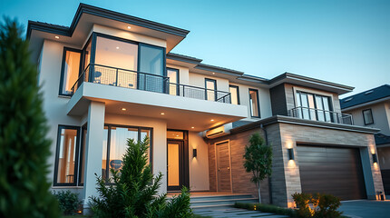 Fototapeta premium Luxury Modern House Exterior at Night: Stunning Contemporary Home Design