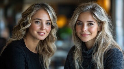 Two young women with long, wavy hair smiling at the camera in a cozy cafe setting