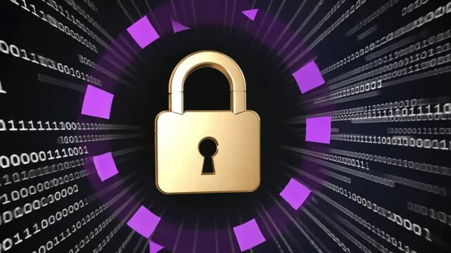 A glowing lock icon surrounded by rotating data squares. As the animation progresses, the lock gets "cracked" with binary code flooding the screen