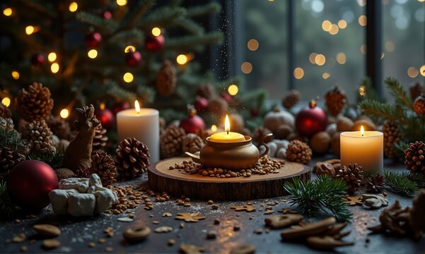 Christmas Tabletop Arrangement with Candles and Decorations - Powered by Adobe