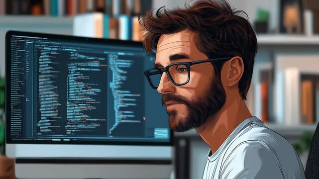 Man software developer with beard wearing glasses, talking near computer screen with running code lines, on blurred bookshelf background, with copy space. Concept of modern IT specialist at work
