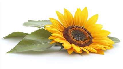 Obraz premium Vibrant Single Sunflower with Lush Green Leaves Isolated on White Background