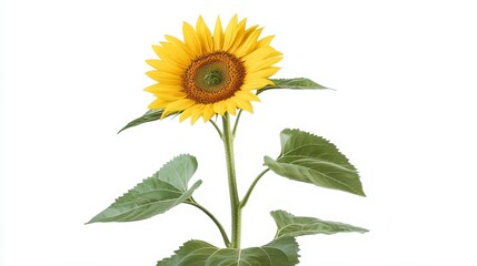 Obraz premium Vibrant Single Sunflower with Lush Green Leaves Isolated on White Background
