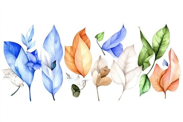 A vibrant collection of watercolor leaves in various colors and shapes against a white background