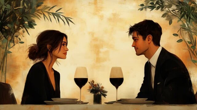 Man and woman passionately talking, looking at each other during romantic date at cafe table with wine glasses on minimalist beige background. Concept of relationship and romance dates