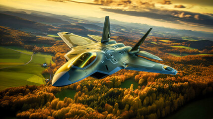 Light fighter jet soaring high over lush green fields and distant mountains during a dramatic sunset