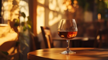 Fototapeta premium Bourbon glass close-up in rustic cafe