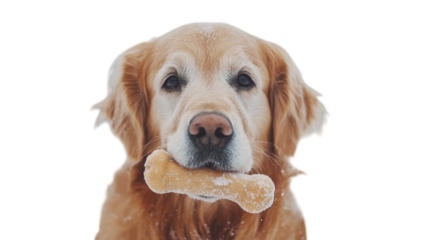 A playful golden retriever joyfully holds a snow-covered bone in a winter wonderland setting