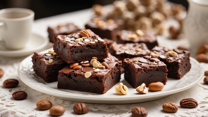 A plate of decadent chocolate brownies stacked on a decorative white lace doily,