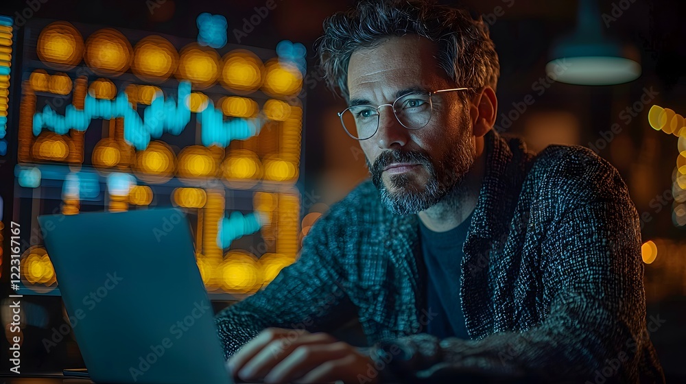 Poster focused man analyzing data on laptop with financial graphs displayed