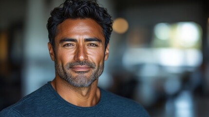 Portrait of a confident man with a charming smile, set in a modern indoor environment