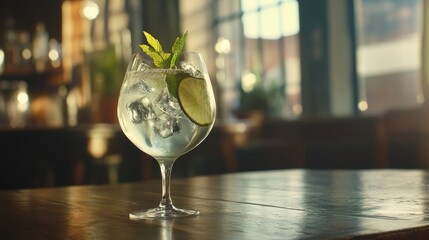 Gin and tonic garnished on rustic cafe tabletop close-up
