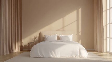 Modern Minimalist Bedroom Featuring White Bed and Beige Headboard with Natural Light Streaming Through Elegant Draperies